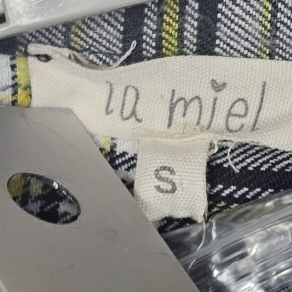 La Miel Colorblock Plaid Flannel Shirt Small Yellow Black Distressed Long Sleeve - Picture 3 of 8